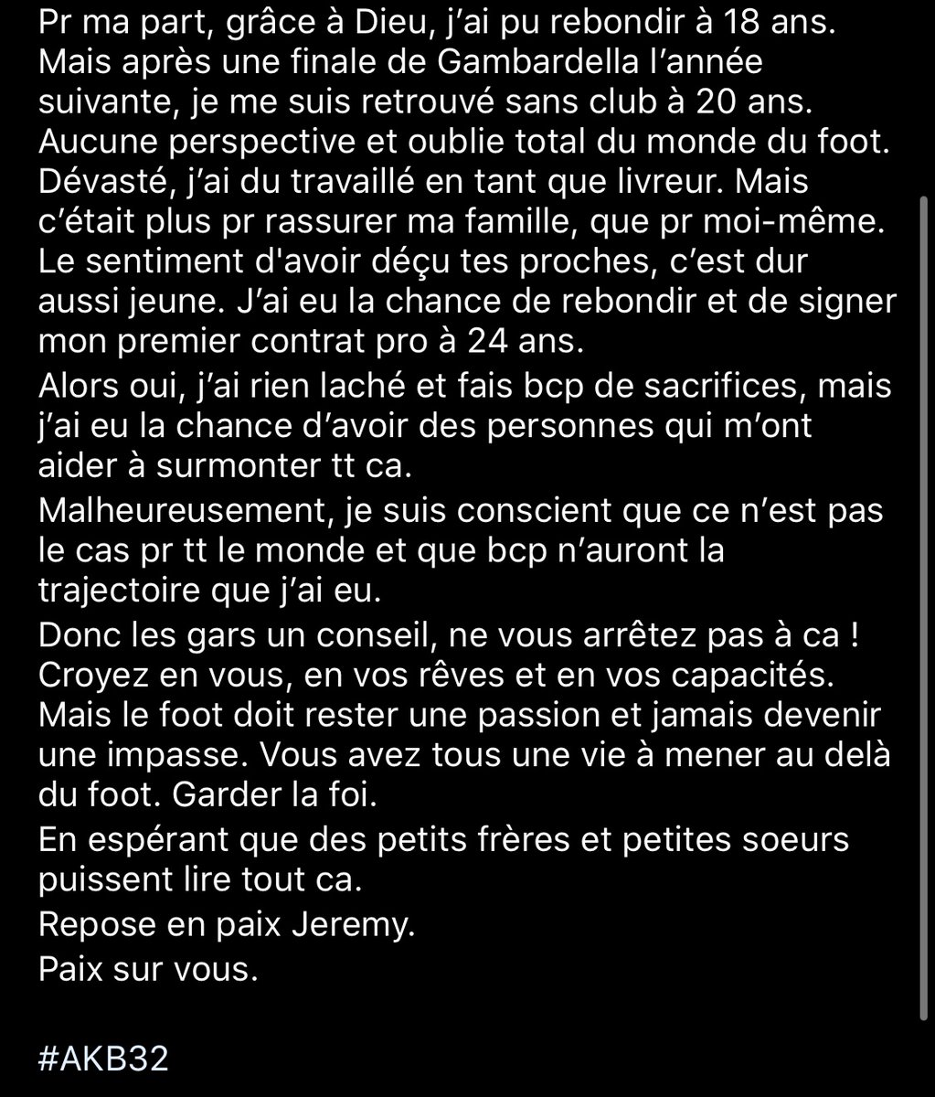 FCNantes's tweet photo. ✍ Le message touchant de @KdrBamba suite à la disparition de Jeremy Weston, jeune joueur de l'Académie de Man. City, à propos des problèmes auxquels peuvent être confrontés les jeunes sportifs en centre de formation 🙏 https://t.co/z3tVqpl7Z1