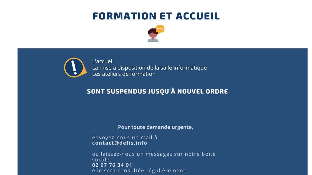 AssoDefis's tweet image. ⚠️ Notre organisation en ce début de nouveau confinement ⚠️
A très vite, prenez soin de vous 💪

#lanester #lorient #numériquepourtous #inclusion