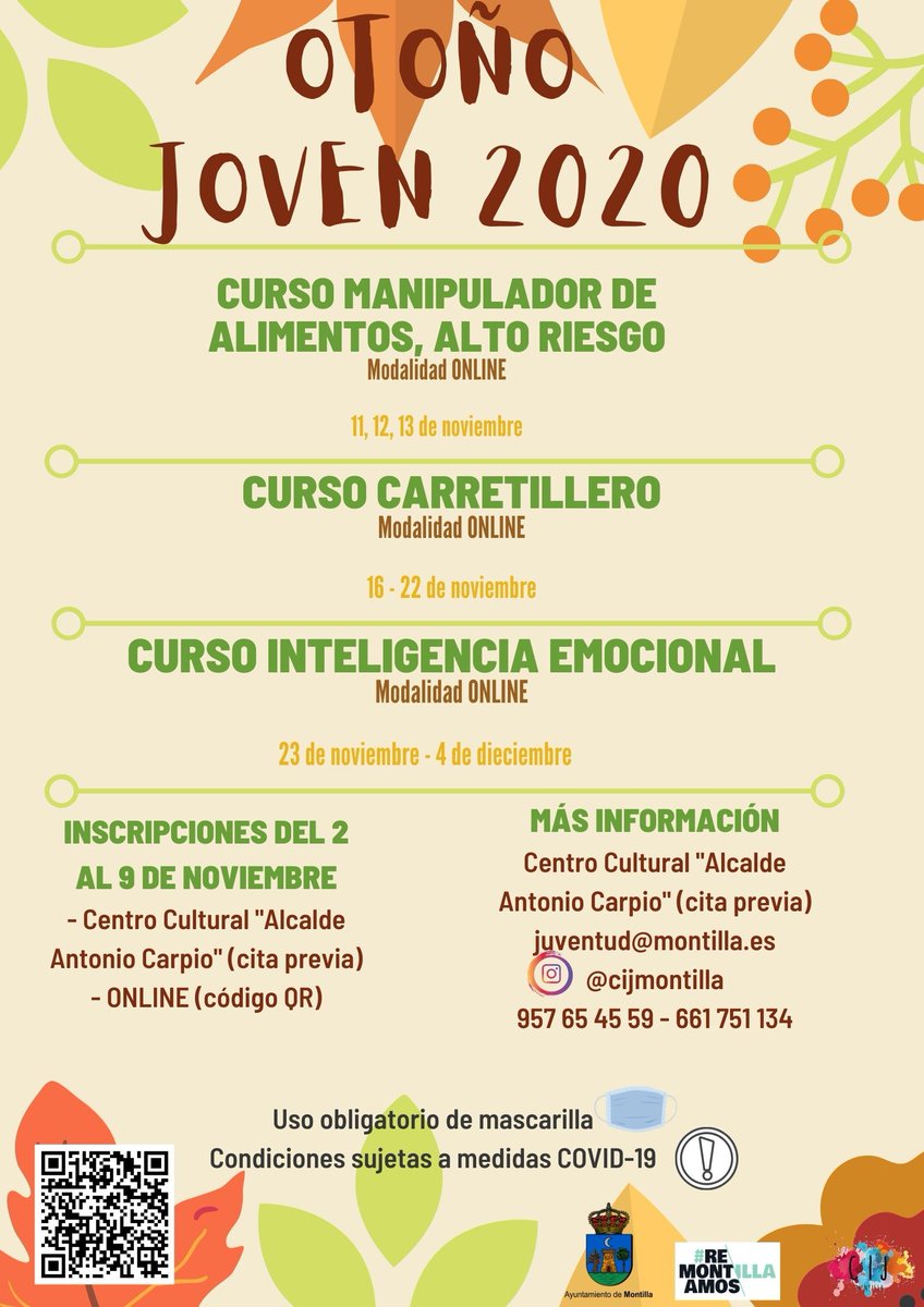 Ayto_Montilla's tweet photo. #JUVENTUD | El @CijMontilla pone en marcha el programa Otoño Joven 2020

Cursos 👉 Manipulador de alimentos; Alto Riesgo, Carretillero e Inteligencia Emocional

📝Info en inscripciones ➡️ https://t.co/mpPc8IAxhr https://t.co/IVzBK7sYOi