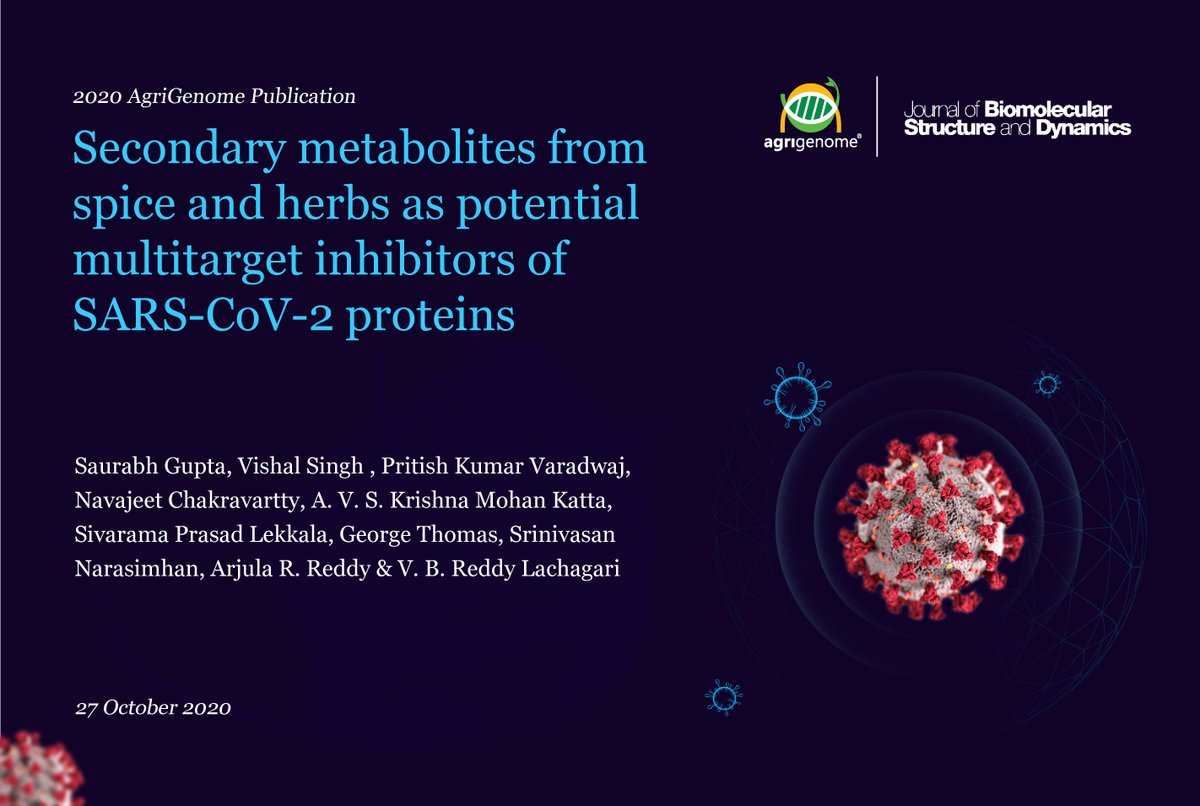 This computational study rank the 69 natural spice and herbal Secondary Metabolites(SMs) and 10 known drugs for their inhibition efficacy against multiple target proteins of SARS-CoV-2 as well as the human ACE2 protein (in silico). 
tandfonline.com/doi/full/10.10…
#covid19 #publication