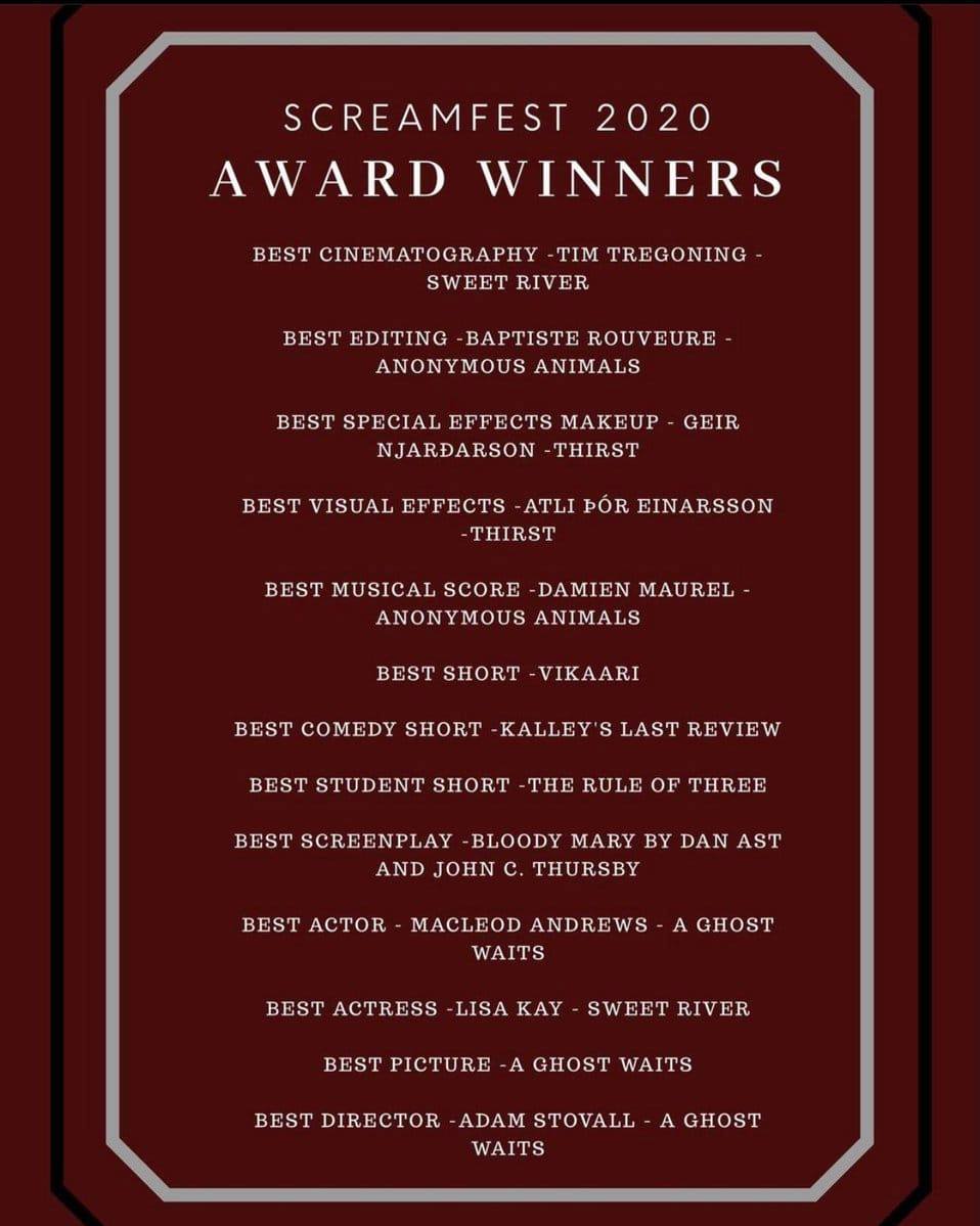 Prix pour la musique du long métrage, les Animaux Anonymes au prestigieux Screamfest à Los Angeles