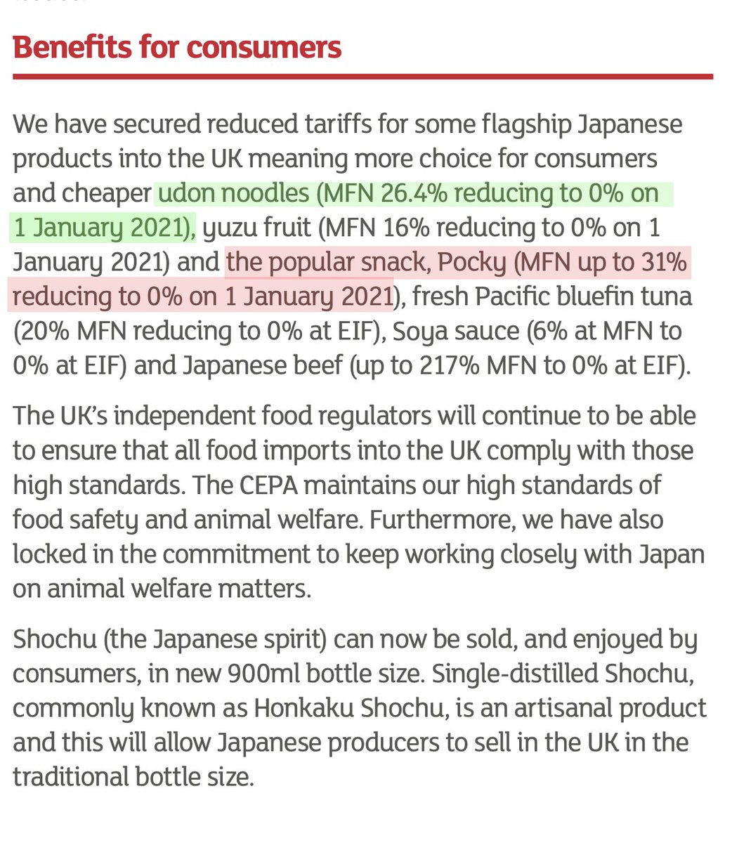 UK-Japan CEPA again.The DTI have published this guide. A few points.Obviously, first of all, it's not "reduced" as from now to Dec 31, it's 0% due to the EU EPA. So there's no reducing going on.But what's this here?Udon noodles, Pocky etc. https://assets.publishing.service.gov.uk/government/uploads/system/uploads/attachment_data/file/929065/UK-Japan-Trade-Agreement-sectoral-benefits.pdf1/5