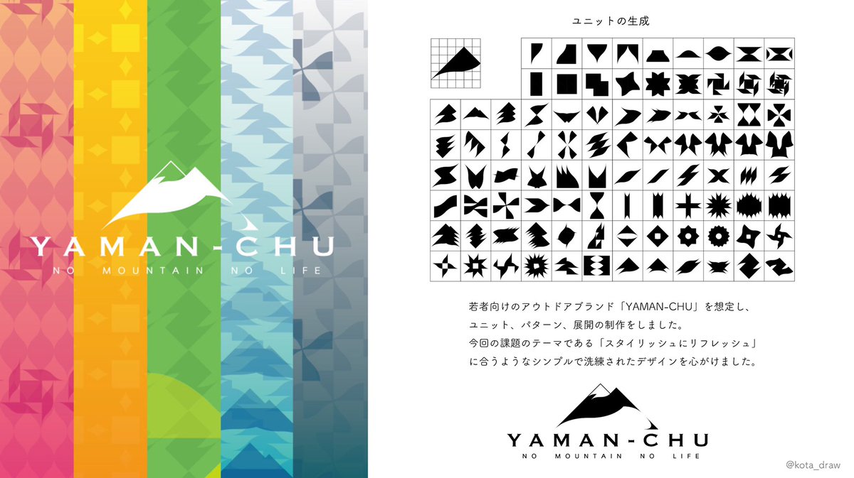 架空のアウトドアブランド
「YAMAN-CHU」のデザイン

形態演習の課題でユニットとパターンの作成をし、その展開としてアウトドア用品のイラスト、ロゴマーク、CMイメージを制作しました。 