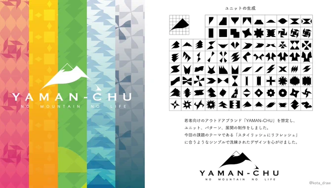 架空のアウトドアブランド「YAMAN-CHU」のデザイン形態演習の課題でユニットとパターンの作成をし、その展開としてアウトドア用品のイラスト、ロゴマーク、CMイメージを制作しました。 