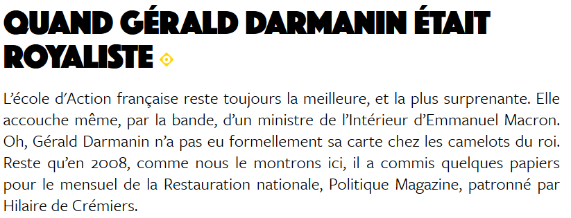 HeleniumHudsult's tweet photo. Le même ministre de l'Intérieur qui fait du séparatisme son cheval de bataille était encore récemment sympathisant d'un groupuscule qui appelle aujourd'hui à la "décapitation de la République". Silence radio. #DissolutionAF #FumonsDarmanin https://t.co/LwDc1EsOeO