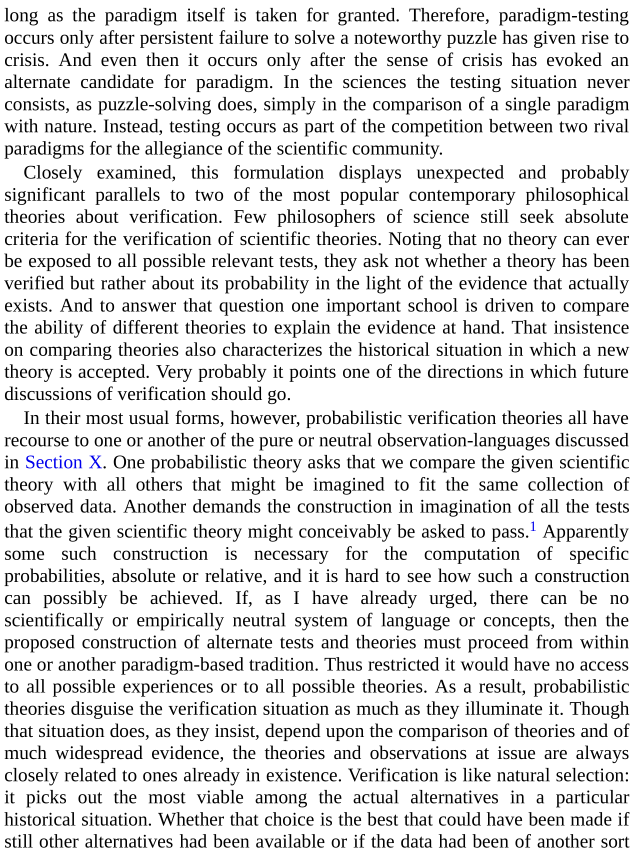 Kuhn starts debunking "probabilistic verification theories," which he thinks faces the aforementioned problems with a lack of language. https://twitter.com/bryankam/status/1319603464826138625