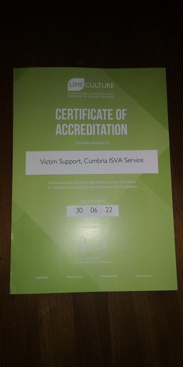 VS_Cumbria's tweet photo. Here it is..our @LimeCulture certificate of accreditation for our ISVA service! This means it has been recognised that we run a high standard sexual violence service at VS Cumbria π #sexualviolencesupport #sexualabusesupport #ISVA #victimsupport #cumbria https://t.co/mlot8OGtuA
