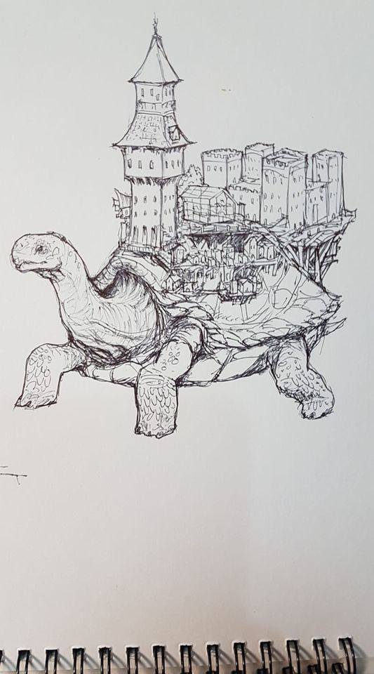 Turtle who carries civilization, azraelus , pen on paper, 2018

