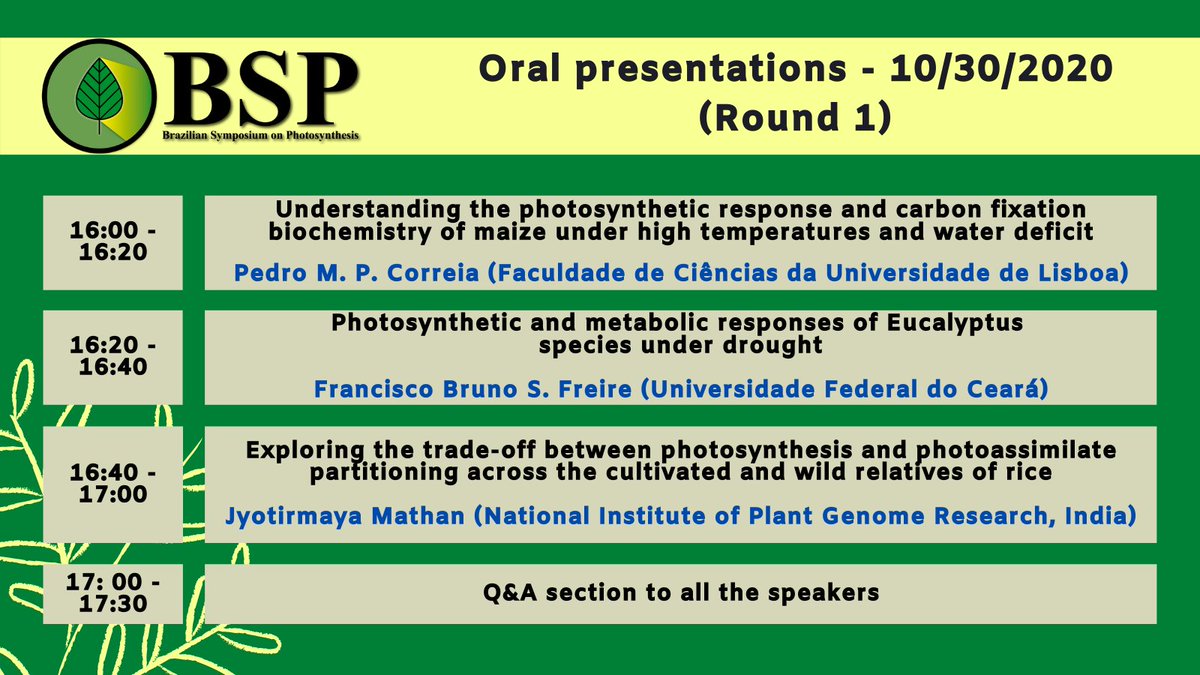 BrSymPhotosynth's tweet photo. ⚠️ 📌 Hey guys! Take a look at our schedule for today (10/30/2020)!
.
✅ Today, we have two rounds with oral presentations.
.
Thank you for your audience. 😊
.
.
#fisiologiavegetal #agro #biology #agronomia #event #PlantScience https://t.co/LApzIzFSA8