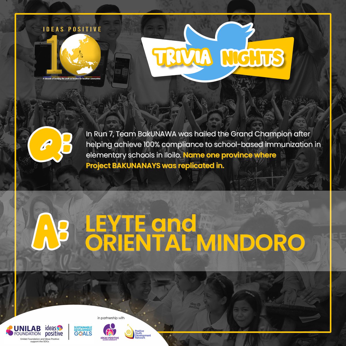 ideaspositive's tweet photo. The correct answers to yesterday's #IPTriviaNights question are LEYTE and ORIENTAL MINDORO!

#ADecadeOfIdeasPositive #healthierPH https://t.co/w3Bk4GhjNy