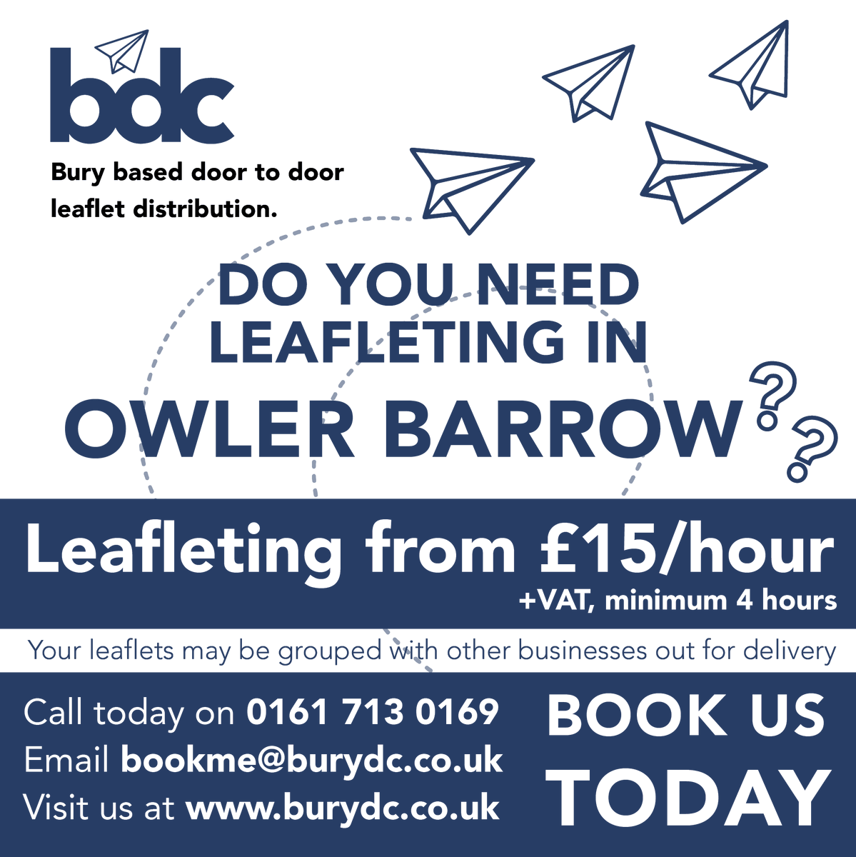 📮 Leafleting from £15/hour +vat (minimum 4 hours)
Do you need #leafleting in #OwlerBarrow ?
☎️ Call today on 0161 713 0169
📥 Email bookme@burydc.co.uk
🖥️ Or visit burydc.co.uk