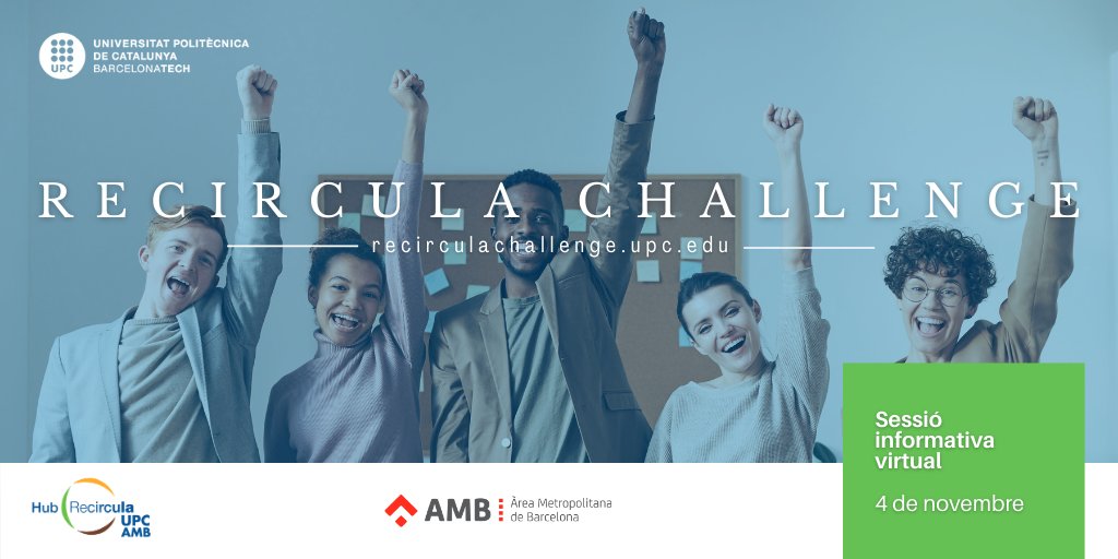 EEBE_UPC's tweet photo. Vols participar en el #RecirculaChallenge2021 ? Crea un equip amb els teus amics i guanya fins 3000€. Consulta tota la informació al web i inscriu-te.https://t.co/Ly39019xvj
#EEBE_UPC @la_UPC @UPCSostenible @sostAMB https://t.co/nV5TNJxyUN