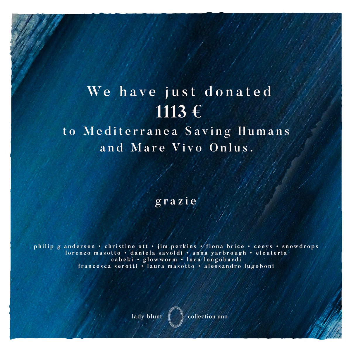 LadyBluntLabel's tweet photo. Thanks to our label Collection MEDITERRANEO we have just donated 100% of the profits (1113,00 Eur) to @RescueMed &amp; @MarevivoOnlus 💙🌊 Thank you everyone for supporting and making this possible! 
https://t.co/BcRfnhLZ2F https://t.co/ZJ5LJ0D3C7