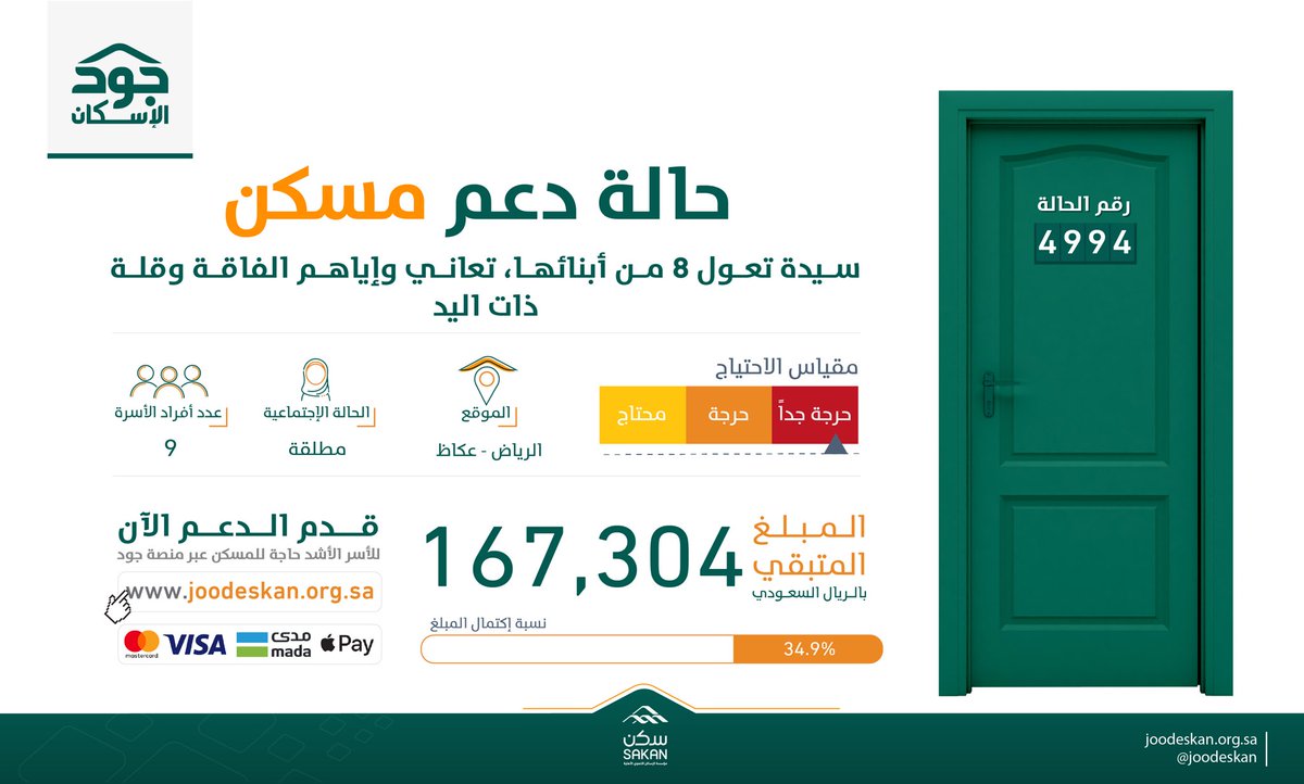 بالخير الذي تقدمه تستدعي أسباب نجاحك وتوفيقك..

سيدة تعول 8 من أبنائها ٫ يعانون شدة الحاجة ينتظرون جودك للحصول على مسكن يؤويهم.
joodeskan.org.sa/systems/jood/o…