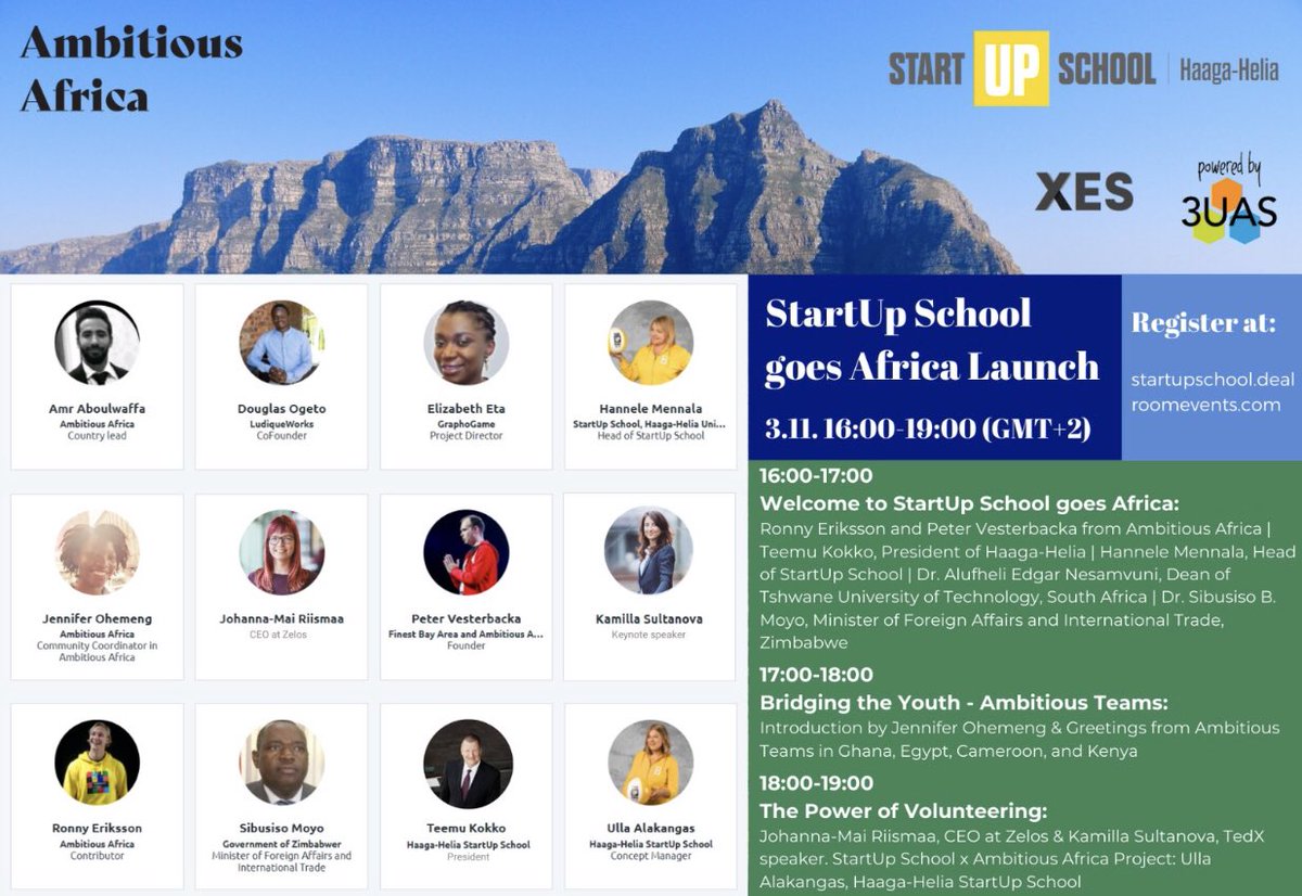 LukanderSanna's tweet photo. Check out the great speakers of the Ambitious Africa and StartUp School launch event: you can also meet with them in #dealroomevents #online meetings! #funlearning #together #startup ⁦@AfricaAmbitious⁩ ⁦@hhstartupschool⁩ https://t.co/srhE5yJuTf