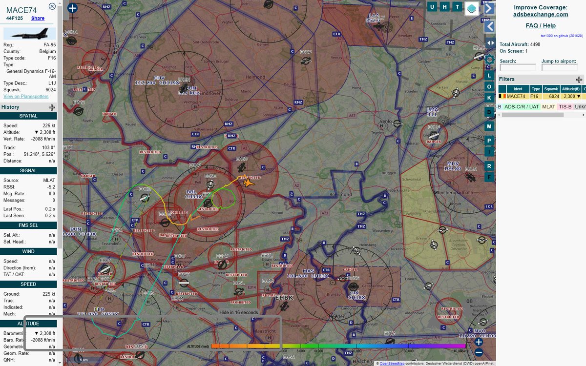 Radar_Assistant's tweet photo. MULTI ADSBX VERTICAL MANOEUVRING ALERT : At time Fri Oct 30 11:16:02 2020 #MACE74 was manoeuvering vertically (altchange=8800ft, altdeltas=34000ft), 0nm from BBL Kleine_Brogel_TACAN_BE near 40, Peerderstraat, Kleine-Brogel, Peer, Limburg, V #AvGeek #ADSB https://t.co/xB1QPPSEcE