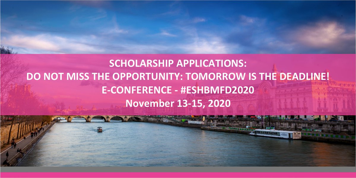 #ESHBMFD2020 TOMORROW IS THE DEADLINE!
APPLY NOW for your SCHOLARSHIP! 
→ bit.ly/3gHziYo 
Translational Research Conference Bone Marrow Failure Disorders
To register & for more information: 
→ bit.ly/37b4ttQ
November 13-15
#ESHCONFERENCES
#ESHSCHOLARSHIPFUND