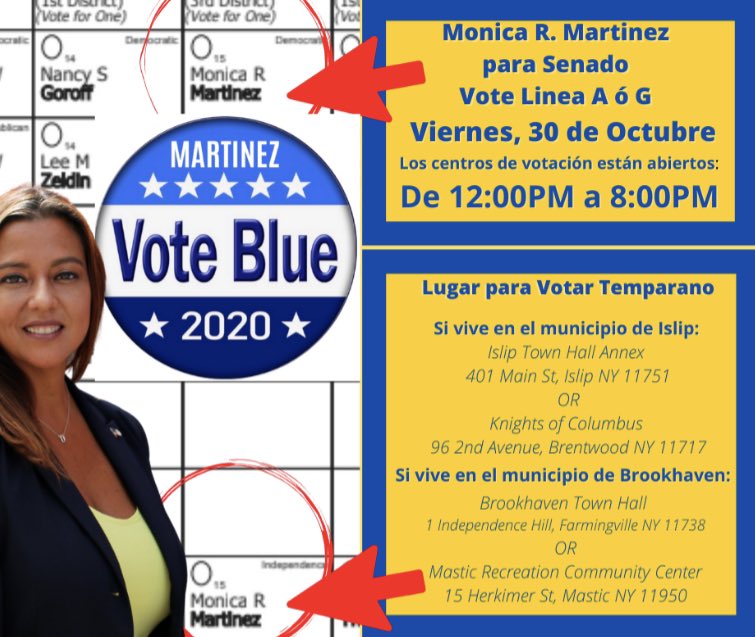 Happy Friday! Just two more days to take advantage of early voting. Sites are open today from 12:00PM to 8:00PM. Be sure to cast your ballot for Monica Martinez for State Senate on Row Aor Row G! 🗳For more information: bit.ly/2TmQHMS