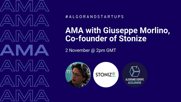 AlgoFoundation's tweet photo. [Webinar] @algorandeurope's upcoming Monday Nov 2nd AMA with @Stonize's @PeppeMorlino. Don't miss an opportunity to leverage Giuseppe's experience &amp; expertise, ask your Q's on #Stonize, digital assets, #DeFi, &amp; building on @Algorand. Save your seat ➡️ https://t.co/Ej9qdq2fXF https://t.co/x38oZC7jIg