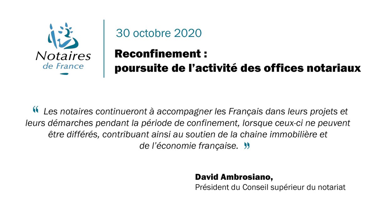 [Communiqué] #Reconfinement : poursuite de l'activité des offices notariaux 👉notaires.fr/sites/default/… #COVID19 #notaires #notariat