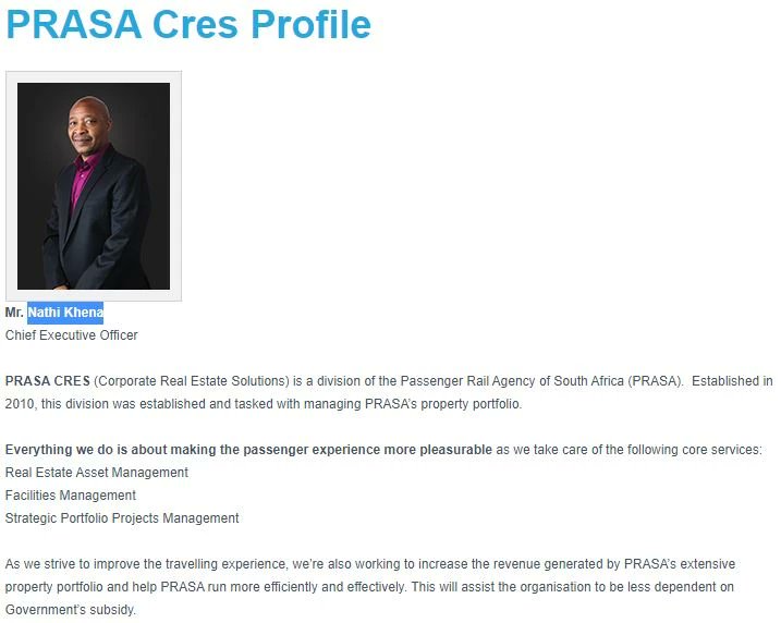 He is currently the CEO of PRASA CRES (Corporate Real Estate Solutions) but has a long history in the transportation management sector. In 2002, Khena became the first black Managing Director of PUTCO before they delisted from the JSE in 2006.