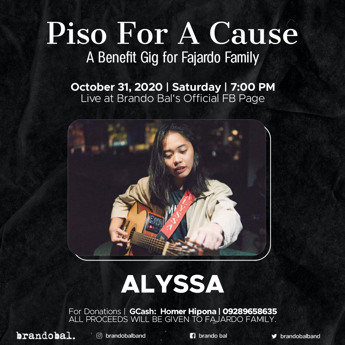 brandobalband's tweet photo. A singer, songwriter, and a busker, whose passion is to connect with her listeners and make them feel at home.
Catch ALYSSA and be amazed on her amazing performance tomorrow, 7:00pm for our benefit online gig entitled, #PisoForACause. https://t.co/PBFNKlb9jL