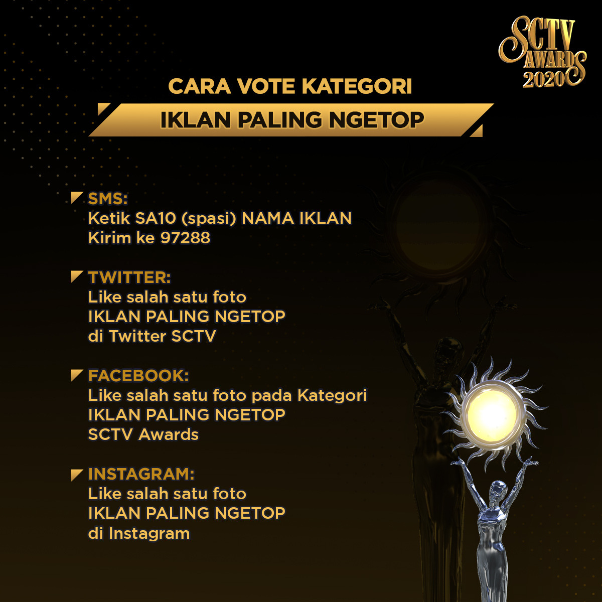 SCTV's tweet photo. Like tweet ini supaya "Indomie versi Indomie Goreng Ayo Semangat Lagi" untuk memenangkan Kategori Iklan Paling Ngetop!
Cek mekanisme selengkapnya, ya!

#VoteSA2020 #SA10 #SCTVSpesial #SA2020Indomie https://t.co/e4pEZPbhhu