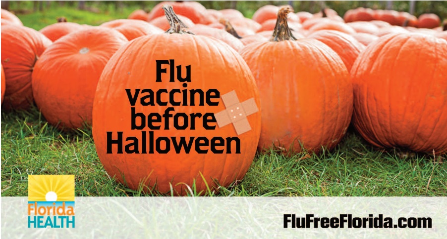 DohOrange's tweet photo. When you see pumpkins, think of them as “orange flags” of the #Flu season and they serve as a reminder for you to get your vaccine before Halloween! #FLUFreeFL https://t.co/3R48b8bipp