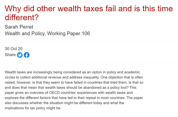 Why did other wealth taxes fail and is this time different?  https://www.wealthandpolicy.com/wp/106.html  @OECDtax