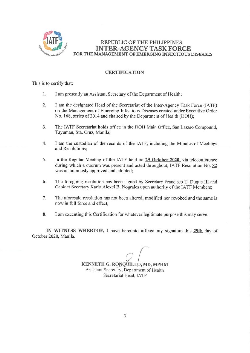 READ! IATF EID Resolution No. 82, Series of 2020 | 26 October 2020 

You may also download full document here: officialgazette.gov.ph/downloads/2020…

#COVID19PH #BuhayAtKabuhayan #WeHealAsOne #weriseasone  #LetsBeatCOVID19Together
