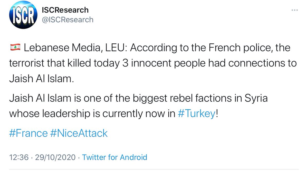 4/ Lebanese accounts have claimed that French police have said the Nice attacker was a member of Jaish al Islam, widely repeated by European far right tweeters. But this hasn’t been mentioned by a single French source and is almost certainly fake news.