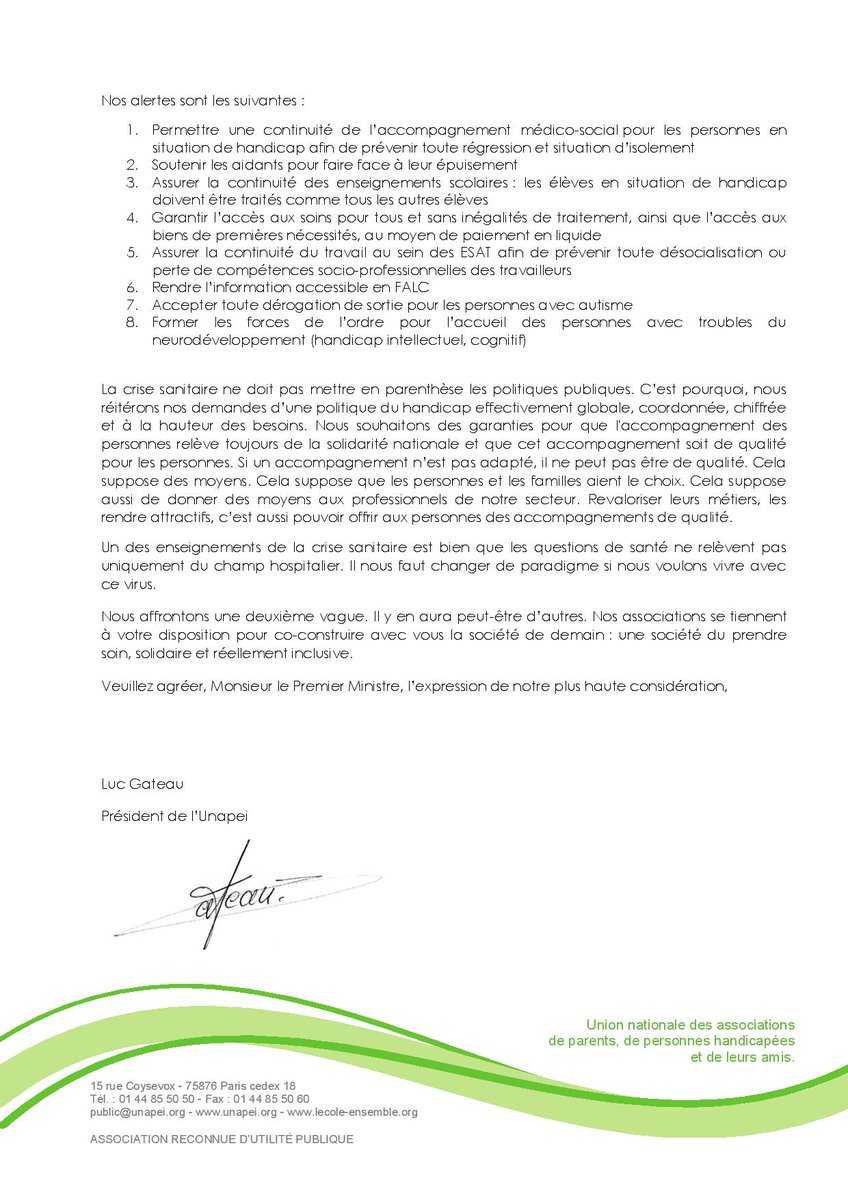 [#Reconfinement] Pour <a href="/Unapei_infos/">Unapei</a> il faut tirer tous les enseignements de cette crise sanitaire, à court terme mais aussi pour l’avenir. Chaque épisode de la crise ne doit pas aggraver la situation des pers. en situation de #Handicap 
👉Courrier à <a href="/JeanCASTEX/">Jean Castex</a> <a href="/s_cluzel/">Sophie Cluzel 🇨🇵🇪🇺</a>