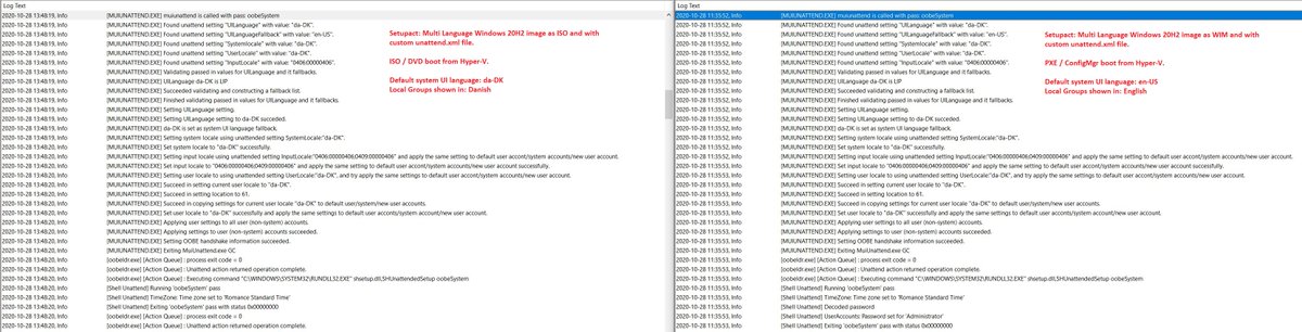 SuneThomsenDK's tweet photo. When reading @mniehaus blog post https://t.co/DPhlfpYHGk I do understand the changes made to Windows 10 (2004 and later) in a attempt to resolve the "InstallLanguage" issue for feature updates.

But I'm seeing different results using ISO and WIM🤔
#ConfigMgr #MEMCM https://t.co/iP8F8XG5Pf