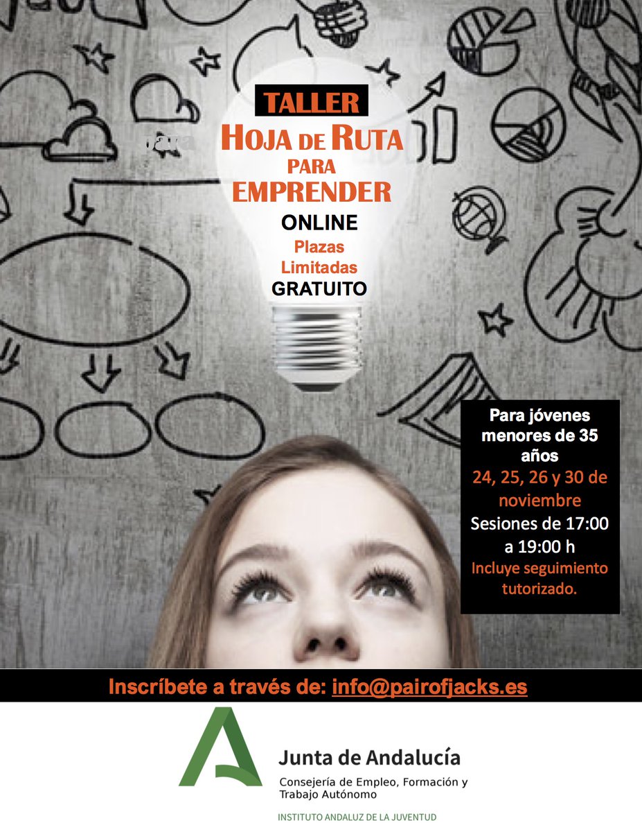IAJuventud's tweet photo. ¡Buenos días y #FelizSemana! Desde el #IAJenMarcha te ofrecemos una completa hoja de ruta para emprender. #Empleo. #Formación.

✅ 24-30 de noviembre, talleres on line y gratuitos, con seguimiento tutorizado. 

👉 Inscripciones: info@pairofjacks.es.

@EmpleoJunta @aemprende https://t.co/kvaD1DGUv4