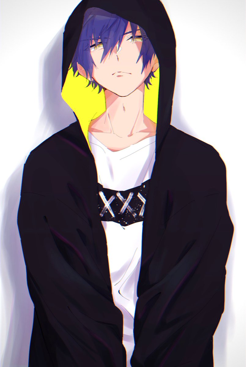 1boy male focus hood solo yellow eyes shirt blue hair  illustration images