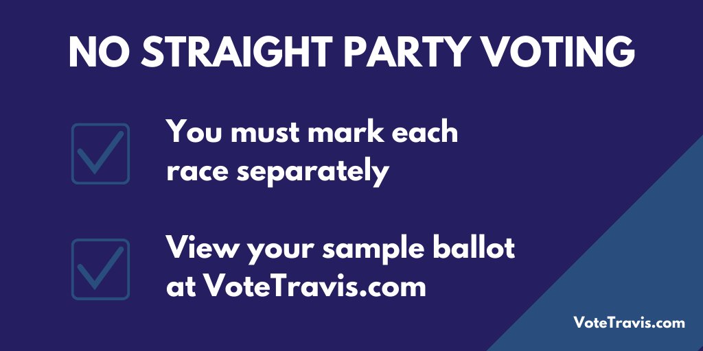 Remember- there is no longer straight party voting in Texas, so you'll have to mark each race individually. (This is where that printed sample ballot comes in handy.)
