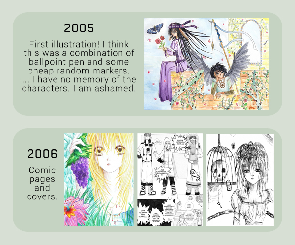 The early years!Despite all the color here in the overview, 99% of all my drawings were black and white, because well, Manga. Who else started out with that? :D Fun hobby during my late teen years, and made some lifelong friends at book fairs and through self-publishing!
