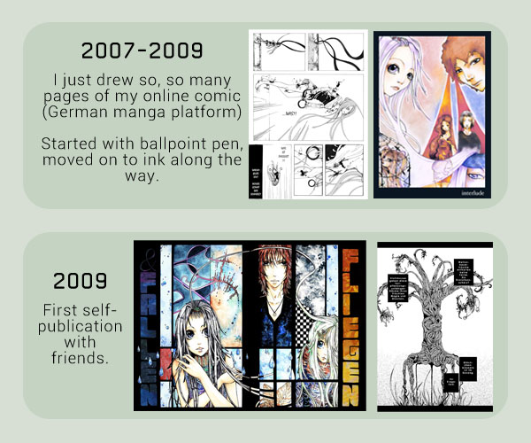 The early years!Despite all the color here in the overview, 99% of all my drawings were black and white, because well, Manga. Who else started out with that? :D Fun hobby during my late teen years, and made some lifelong friends at book fairs and through self-publishing!