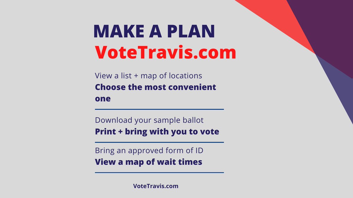 We may have told you a few times about  http://VoteTravis.com , but in case you're new here, we'll say it again.  http://VoteTravis.com  has everything you need to make your early voting plan: a list of polling locations, a wait time map, and personal sample ballots.