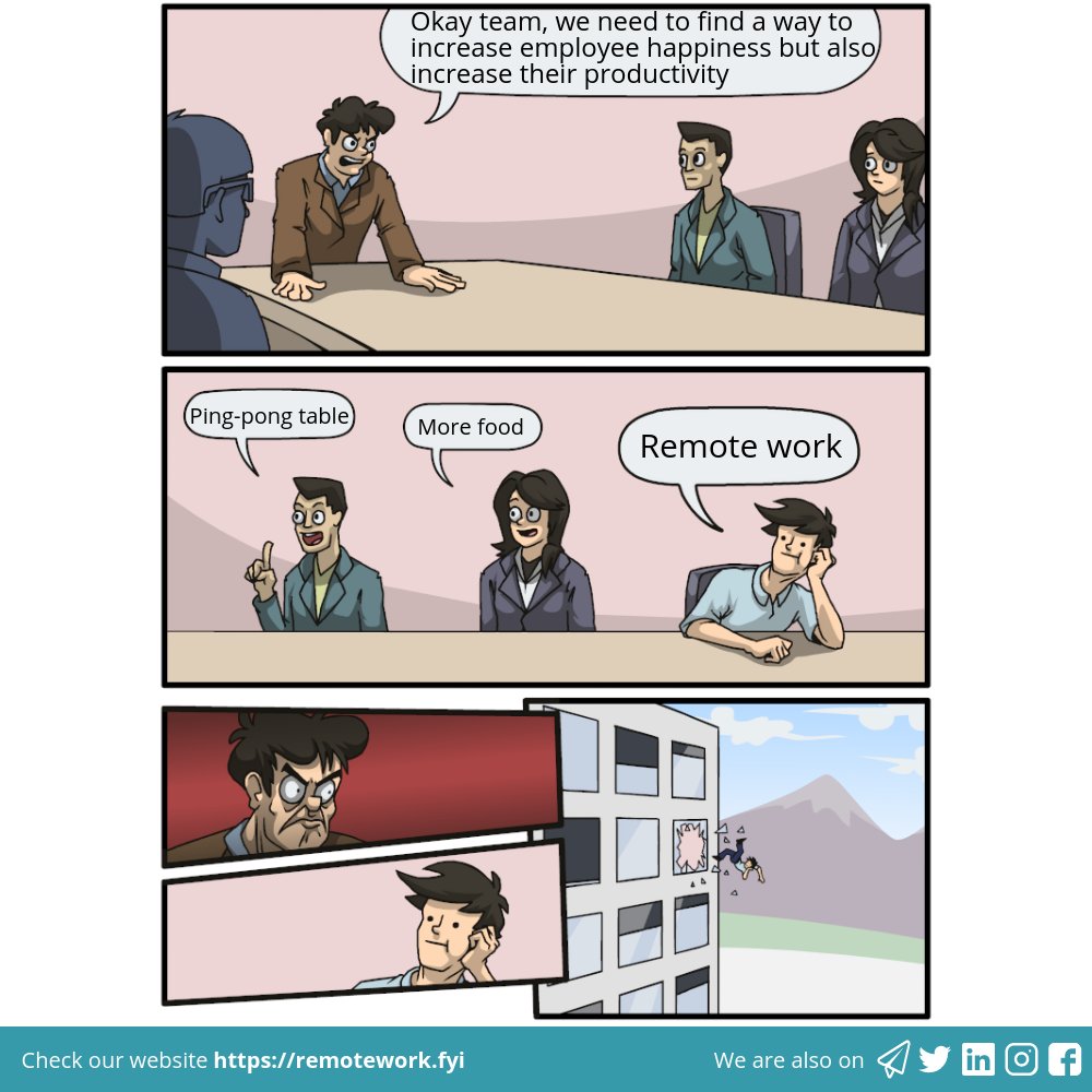 remotework_fyi's tweet photo. π€
#meme #remoteworkmeme #remotework #remoteworking #workingremotely #workfromhome #workingfromhome #wfh #workfromanywhere #flexibleworking #telecommuting https://t.co/VPiaVTIWug