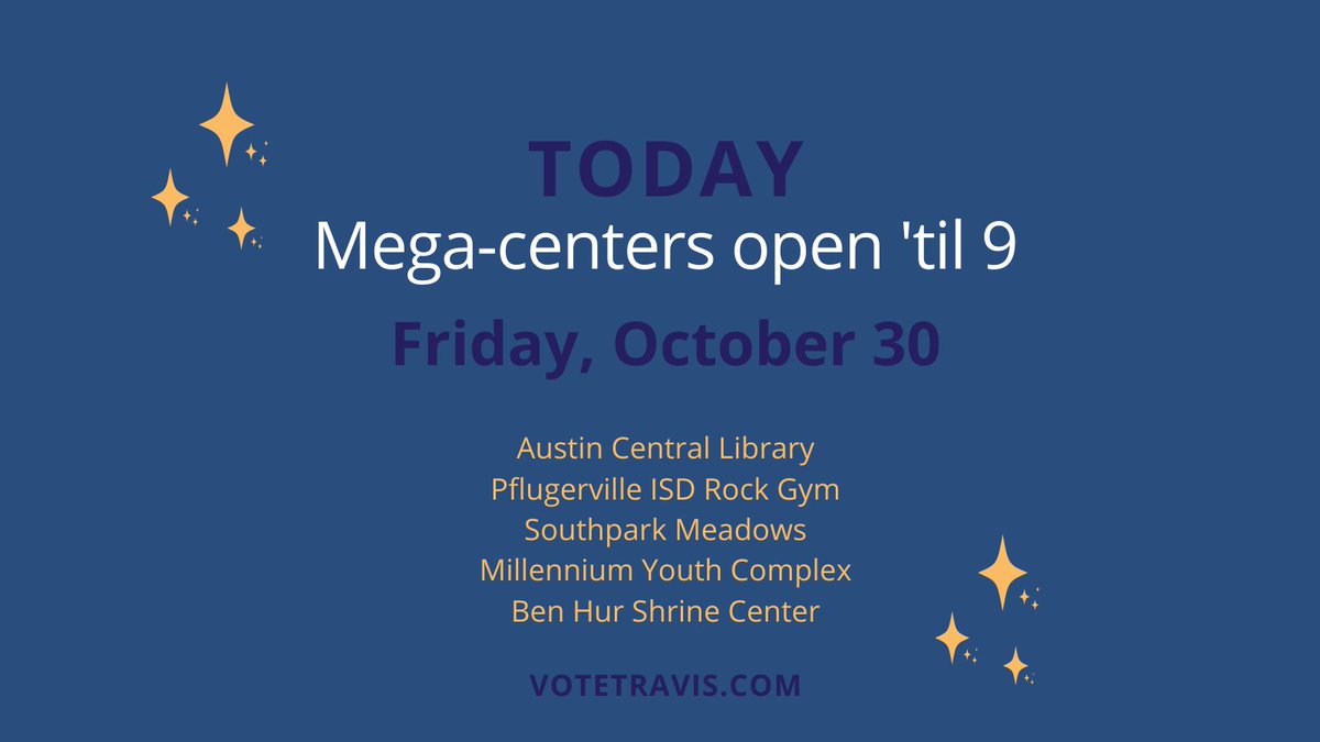 As we previously mentioned, all 5 mega-centers are open until 9 PM tonight. This gives you night owls an extra two hours to vote.