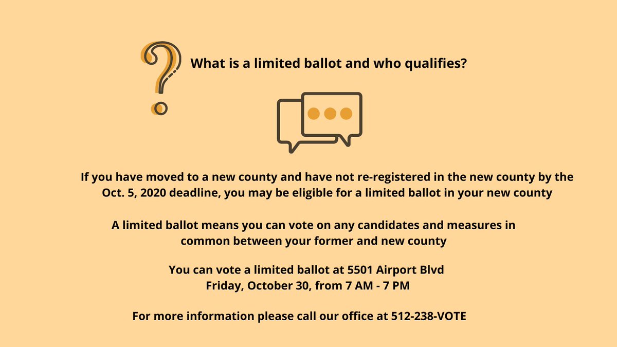 Aren't sure about your voter registration status or if you're registered in Travis County? Call the Tax Office at 512-854-9473. If you're eligible to vote a limited ballot, today is your last day. You can vote your limited ballot at 5501 Airport Blvd from 7 AM-7 PM.
