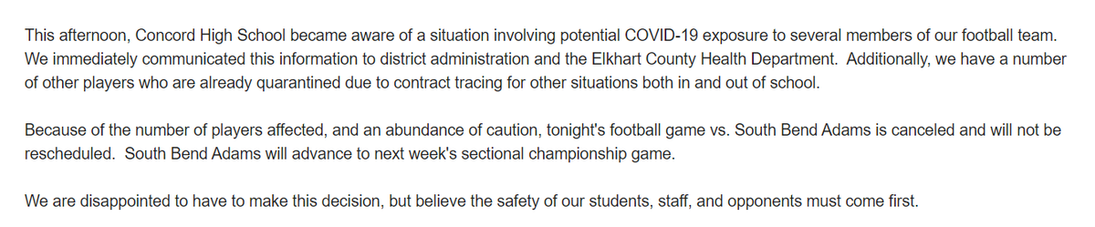 We regret to announce that tonight's football sectional game vs. South Bend Adams has been canceled due to COVID related issues.  South Bend Adams will advance to to the sectional championship game next Friday. Please see complete statement below.