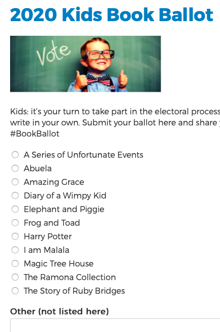 VotingforKids's tweet photo. 1️⃣2️⃣ Have the kids participate in the electoral process! Print & fill out our #2020BookBallot at the link below or on our website! If you share a paper ballot on social media, don’t forget to use #MyPlanToVote & tag us! #StepUpForKids https://t.co/DZbgP4p1JA #InvestInKids https://t.co/8jzgBKwmfA