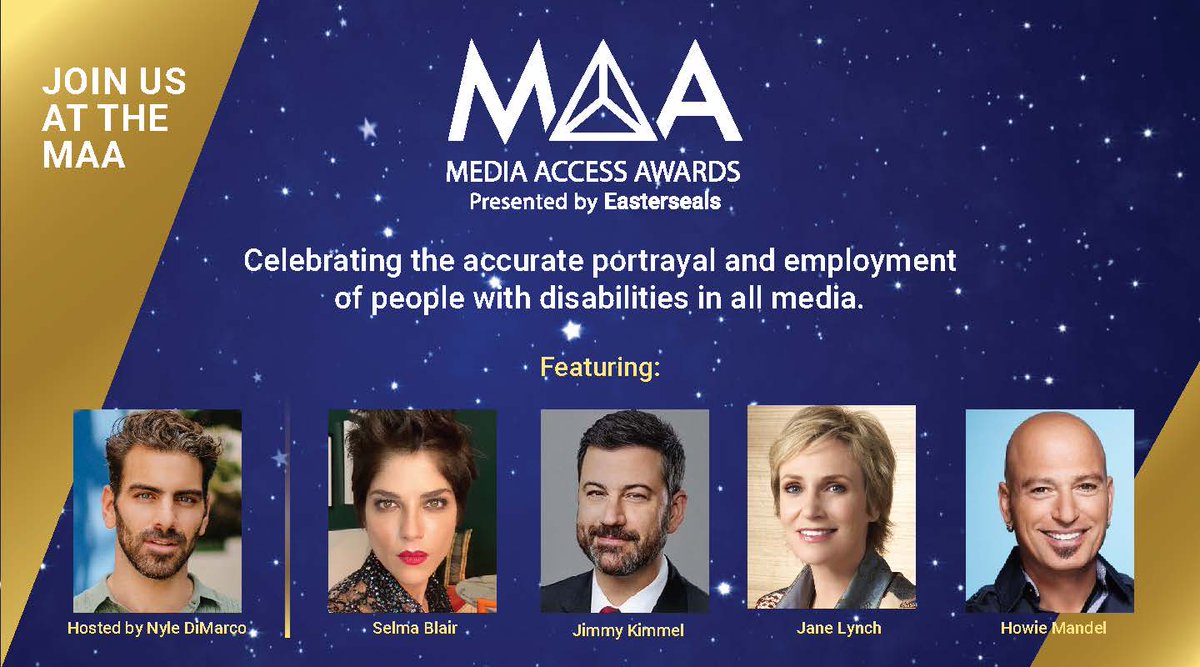 Look forward to a star-packed program with guest appearances from 
<a href="/janemarielynch/">Jane Lynch</a>, <a href="/jimmykimmel/">Jimmy Kimmel</a>, <a href="/SelmaBlair/">Selma Blair</a>, @HowieMandel and more. The one and only <a href="/NyleDiMarco/">Nyle DiMarco</a> will host this year’s event. 

#MediaAccessAwards  #MAA2020 #DisabilityAwareness #RepresentationMatters