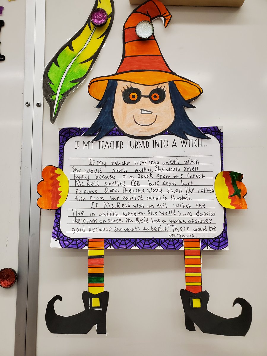 Teacher_Reid's tweet photo. My students spent October using their creative writing skills to turn me into a variety of witches! @DinoKlarich #creativelearning #writersworkshop #education #burnabyschools https://t.co/z5EvfVhBIj