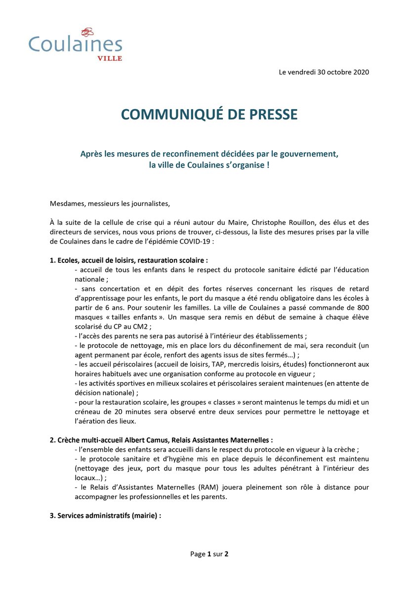 Après la #celluledecrise qui a réuni autour @ch_rouillon, des élus et des directeurs de services, voici la liste des mesures prises par @Coulaines autour de l’épidémie #COVID19
@OuestFrance72 @lemainelibre @viaLMtvSarthe @bleumaine @VR_LeMans @F3PaysdelaLoire @sarthemagfr https://t.co/rNC9v5QPIH