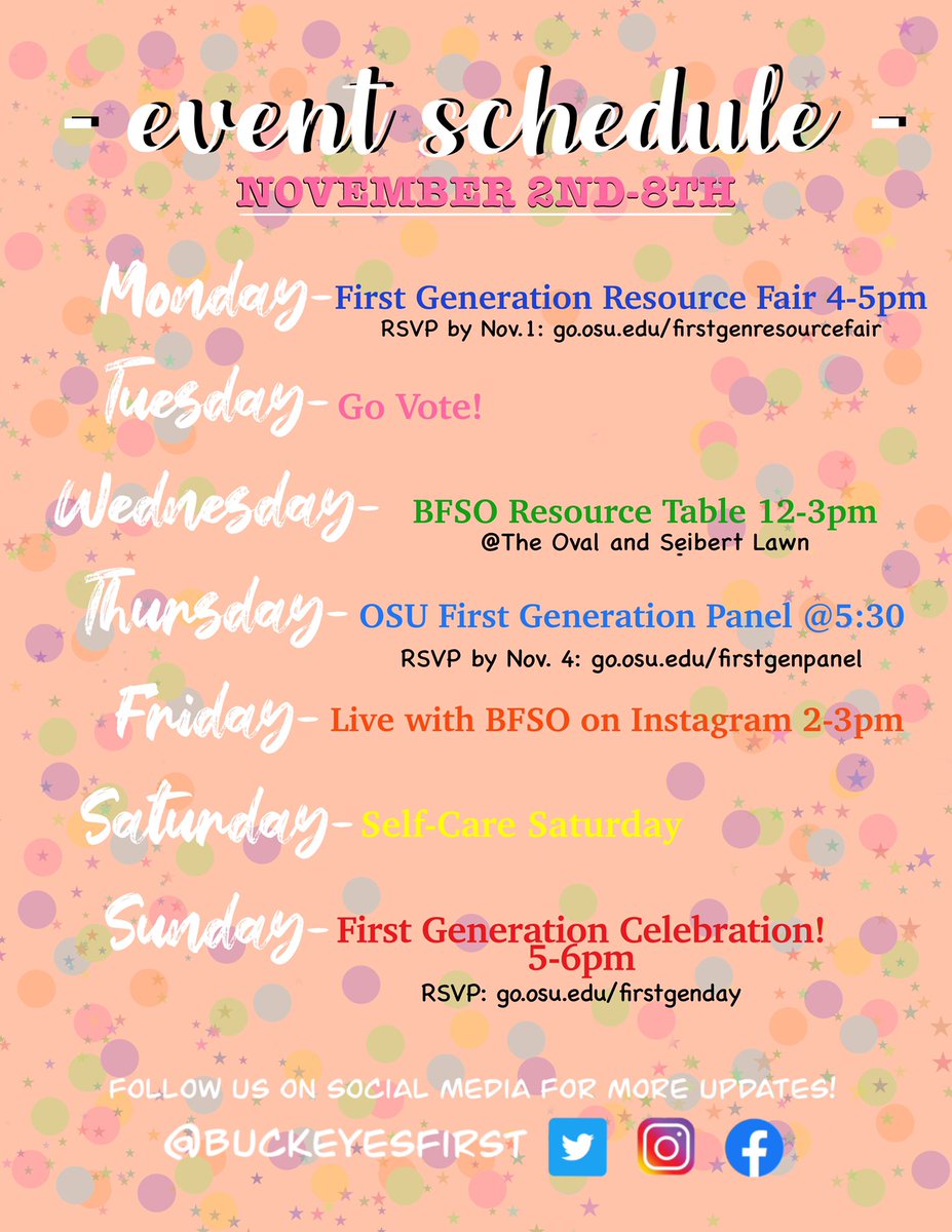 BuckeyesFirst's tweet image. Join Buckeyes First in a week long celebration of the first gen identity!! This is in anticipation for our big celebration event on Sunday, November 8th which is National First Generation College Day!! RSVP with the links are in our bio. #ImFirst #CelebrateFirstGen #trioworks