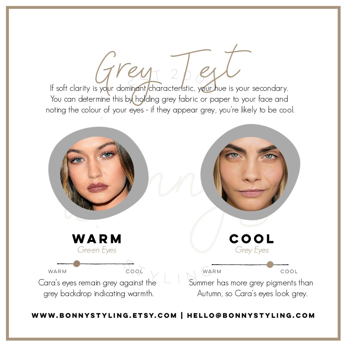 Because Summer has a higher content of grey pigmentation, you are most likely 'Soft &amp; Warm' if your eyes retain their colouring against a grey backdrop. 

👉 Get 50% off #ColorAnalysis today: etsy.me/3mtl40C