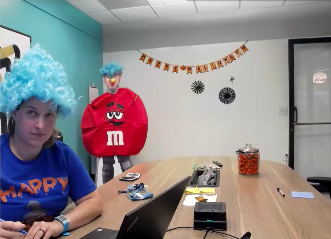 davidbates's tweet photo. At the start of 2020 I made a standee of my boss. While we haven't been at work to enjoy him HR decorated him for Halloween! Gotta love @OzmoApp https://t.co/Bsy2367s0r